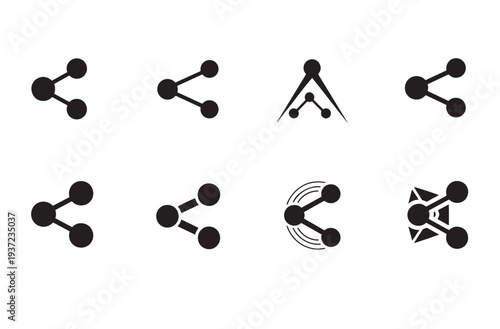 Set of eight black share icons, depicted in various abstract styles and arrangements of connected circles, isolated on a transparent background, representing digital sharing concepts