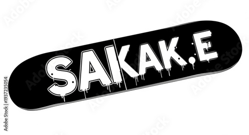 Black skateboard with white text featuring the brand name SAKAK.E.