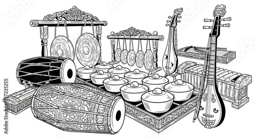 Detailed illustration of various traditional musical instruments, black and white.