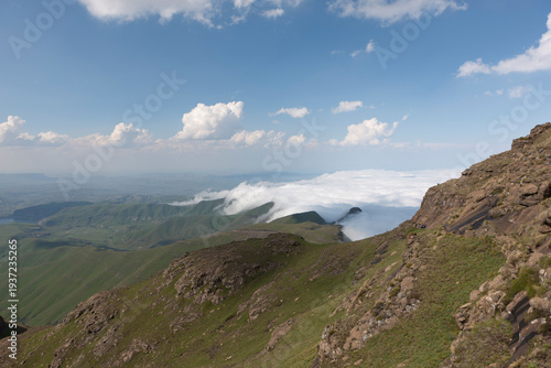 South African mountain landscape in the Lesotho region on a cloudy summer day