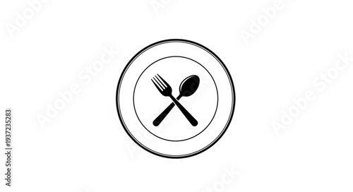 Simple illustration of a plate with a fork and spoon crossed, representing food and dining.
