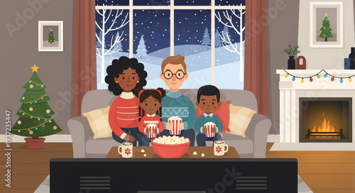 Family watching TV together, enjoying popcorn and a cozy Christmas evening at home.