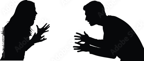 Silhouette of arguing couple facing each other, man and woman in heated discussion gesture, relationship conflict concept isolated on white background.
