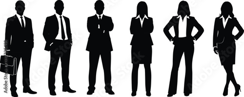 Business people silhouettes collection, professional men and women in formal office outfits standing poses isolated on white background for corporate design.