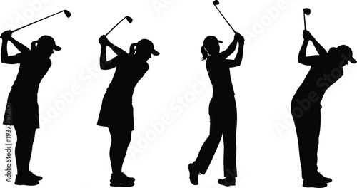 Female golf player silhouettes collection showing woman golfer swinging club in different poses isolated on white background for sport design.