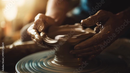 Skilled potter's hands gently shaping wet clay on a spinning wheel. An artisan is creating a traditional ceramic pot in a workshop