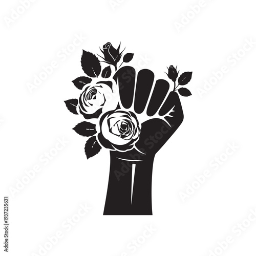 Black clenched fist raised with blooming roses and leaves symbolizing protest empowerment and floral beauty in a on a white