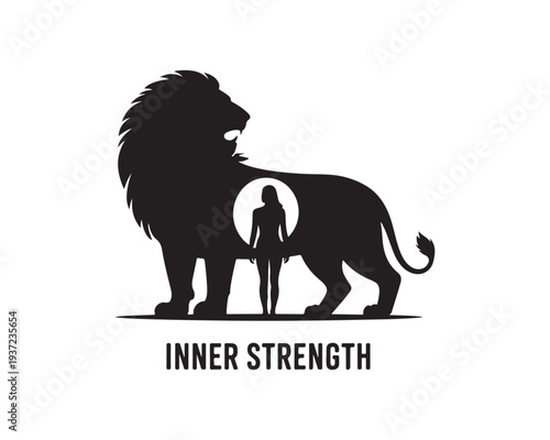 Black silhouette of a lion with a woman inside its body symbolizing inner strength courage and resilience in a with text on a