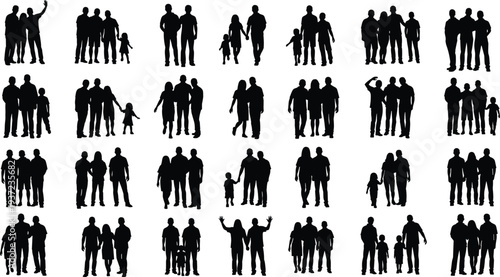 Family silhouettes collection showing parents and children standing together, happy family groups in different poses isolated on white background.