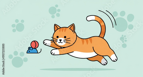 Playful Cat Chasing Ball of Yarn Illustration.