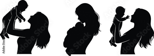 Mother and baby silhouettes collection showing loving parenting moments, woman holding infant child in different poses isolated on white background.