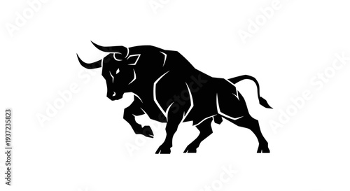 Powerful black bull silhouette charging forward with horns lowered symbolizing strength aggression and untamed energy