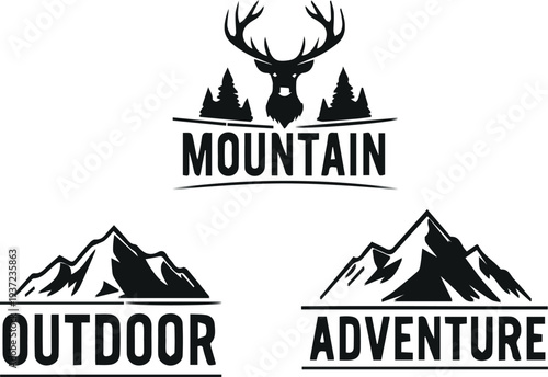 Vector illustration set of camping and mountain icons featuring travel symbols, architecture landmarks, and building silhouettes for creative outdoor design