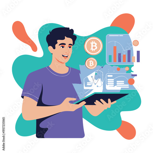 Vector illustration of a man with a tablet and cryptocurrency graphics