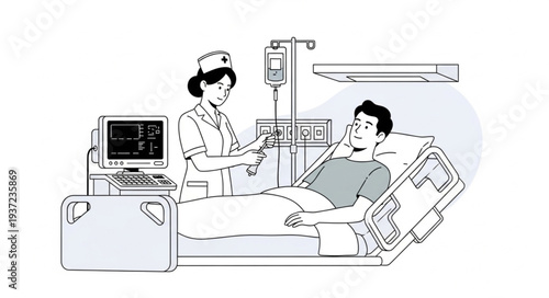 Nurse tending to patient in hospital bed with medical equipment.