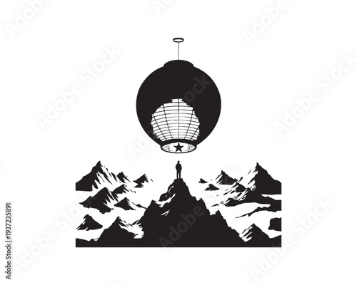 Silhouette of a lone person standing atop a mountain peak gazing up at a large spherical lantern with a star inside hanging