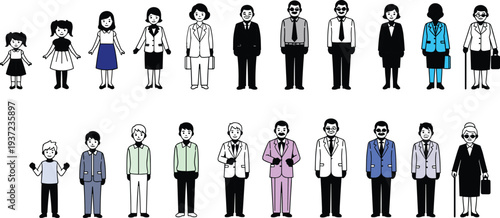 People life stages illustration set showing children, adults and elderly characters in different professions and outfits isolated on white background.