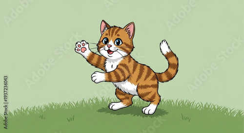 Cute Cartoon Ginger Cat Playing on Grass.