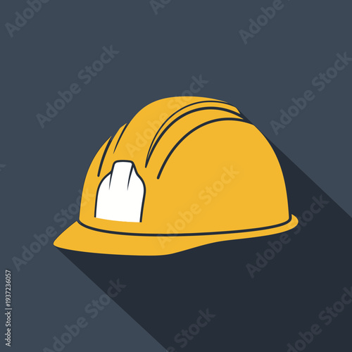 Modern Flat Design Yellow Safety Hard Hat Icon with Long Shadow on Dark Background for Construction Industry