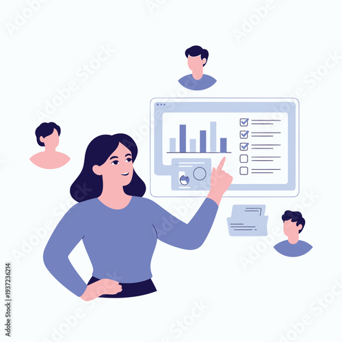Vector illustration of woman presenting data on screen with coworkers