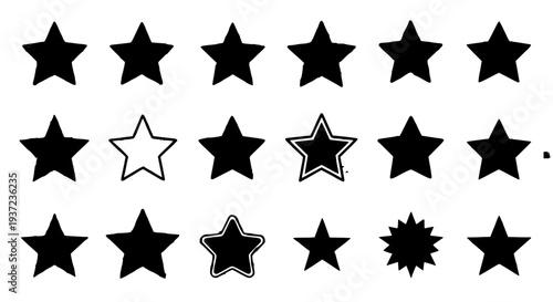 Stars black set with various shapes and line styles, including filled and outlined designs on white background.