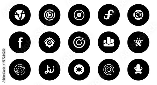 Icons social media black and white set with various symbols and logos, including targets and graphs. featuring social media icons, black icons, white