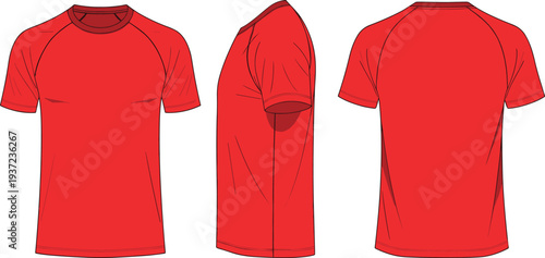 Red raglan sleeve t-shirt technical fashion sketch, front side and back view, apparel template, cad drawing flat vector illustration design