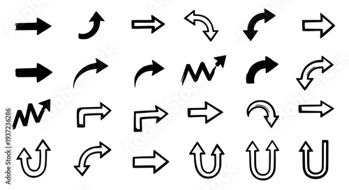 Arrows hand drawn set with black curved lines and various directions featuring direction, vector, icons with graphic
