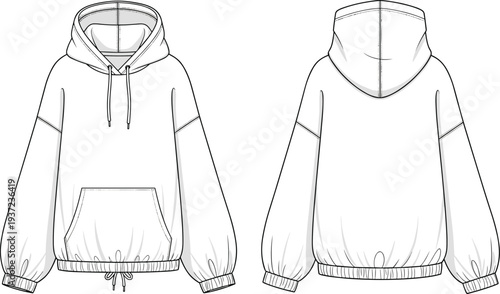 Oversized hoodie technical sketch, front and back view, cad drawing flat vector illustration for fashion design, streetwear, apparel template, and manufacturing.