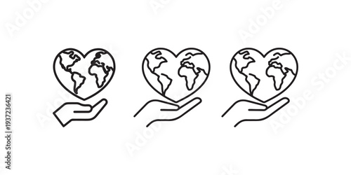 Three line art icons showing human hand holding heart-shaped earth, representing global care, environmental protection, and world love