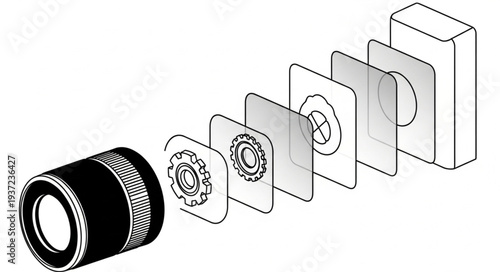 Detailed illustration of a camera lens and its internal components, showing the optical elements.