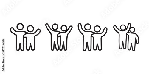 Four line art icons depicting two people standing together with arms raised in celebration, representing friendship, unity, and teamwork