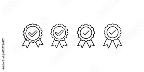 Four round outline badges with checkmarks and ribbons representing quality, approval, verification, and success