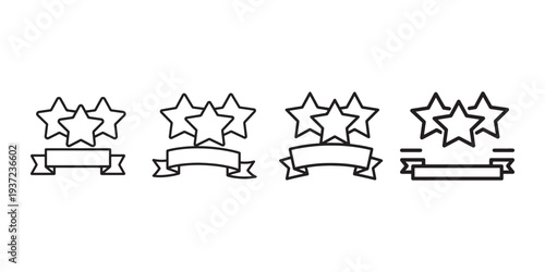 Star rating icon collection with empty banners for text including three star designs and decorative ribbons representing ranking system and quality level