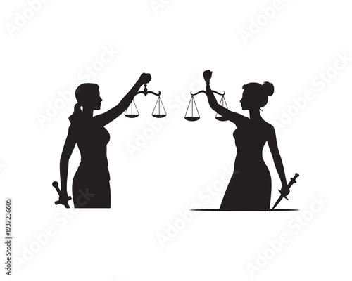 Two black silhouettes of women holding scales of justice and swords against a white background, representing law and justice
