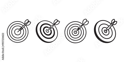 Target dart board icon set with arrow hitting bullseye representing goal achievement accuracy business strategy successful marketing and precision focus