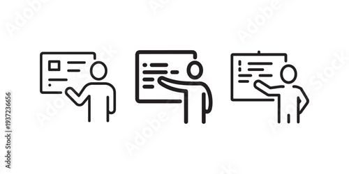 Man presenting on board icon set, person with presentation, lecturer, teacher, speaker, conference, seminar, education symbol outline concept