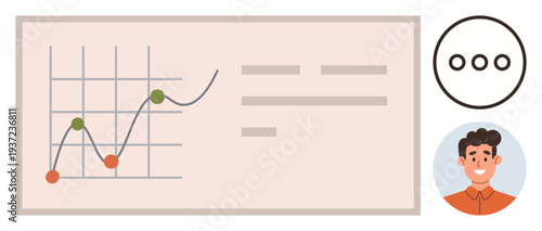 Data analytics, business presentation, teamwork, digital communication, user interfaces, collaboration. A trend chart, a message icon and a person smiling. Data analytics and business presentation