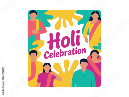 Colorful Holi Celebration with Joyful People and Vibrant Paint Splatters
