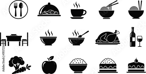 Food and Restaurant Solid Icon Set with Meal, Soup, Noodles, Roast Chicken, Wine, Cake, Apple and Healthy Vegetable Symbols