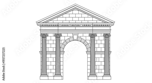 Classical roman triumphal arch with corinthian columns and pediment architectural drawing ancient monument facade stone