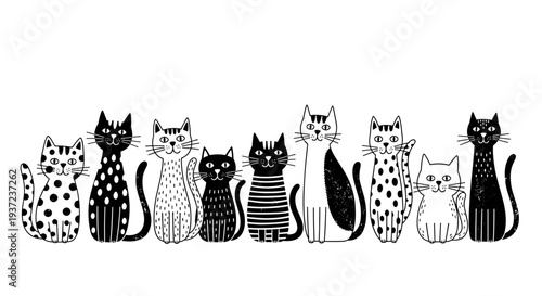 Whimsical black and white sketch of a diverse lineup of stylized cats with unique patterns standing together