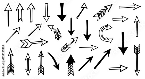 Arrows hand drawn set with varied styles and directions, black and white doodle elements. featuring collection,
