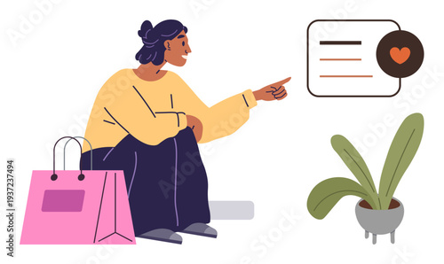 E-commerce, online shopping, customer reviews, feedback, communication, lifestyle. Woman interacting with speech bubble, shopping bag and plant. E-commerce and customer reviews concept