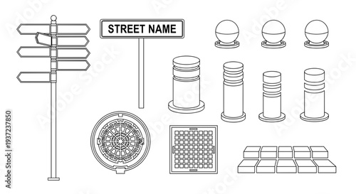 Collection of urban street elements and signage in a clean line art vector illustration including directional signs