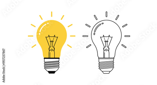 Bright illuminated incandescent light bulb glowing yellow next to a simple outline sketch of a lightbulb on a clean