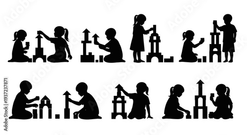 Diverse group of children silhouettes building towers with colorful blocks representing childhood creativity learning