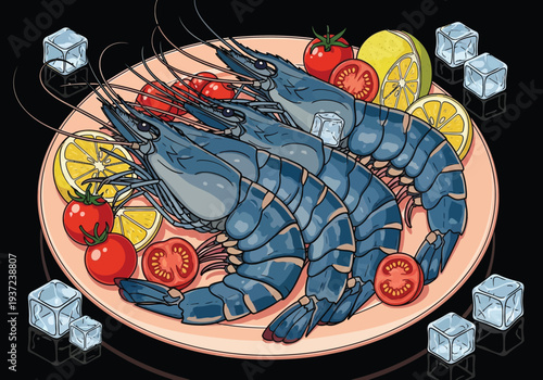 Raw blue prawns with tomato lemon and ice on a platter