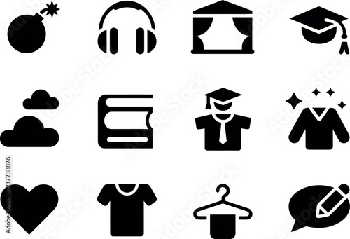 Collection of diverse black vector icons representing abstract concepts and everyday objects