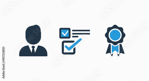 Icons depicting a businessman, checklist with ticks, and a reward ribbon, symbolizing success, task completion, and achievements in business.